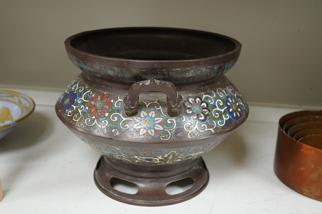 A large Japanese archaistic bronze and champlevé enamel jardiniere, 25.5cm high